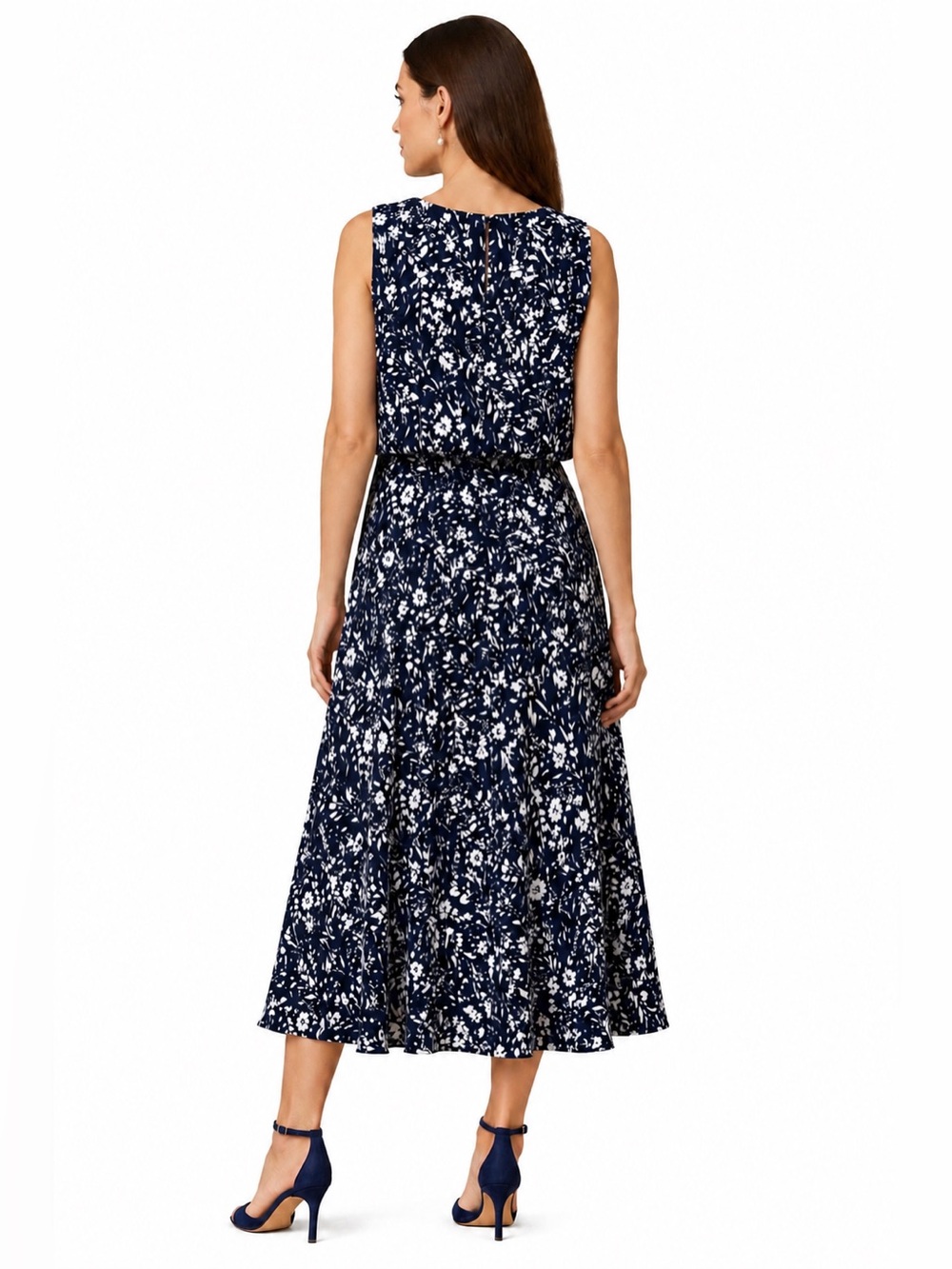 🌺 Lauren Ralph Lauren Navy & White Floral Faux Wrap Midi Dress - Picture 2 of 4